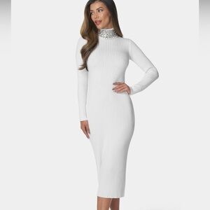 Bebe White Ribbed Maxi Dress Mock Neck Long Sleeve NWT